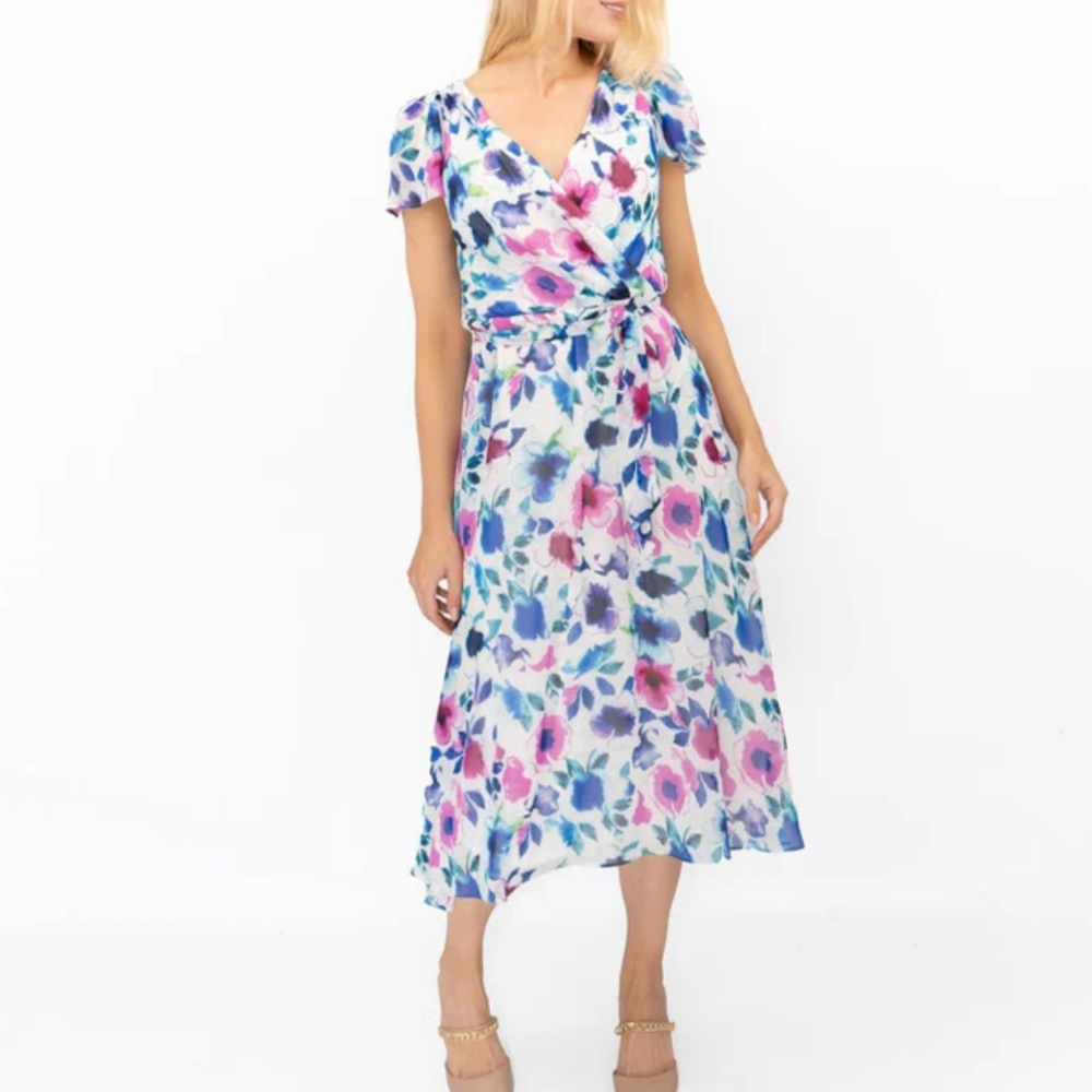 DKNY Women’s Floral Flutter Sleeve Faux Wrap Dress Romantic Girly Wedding Size 2